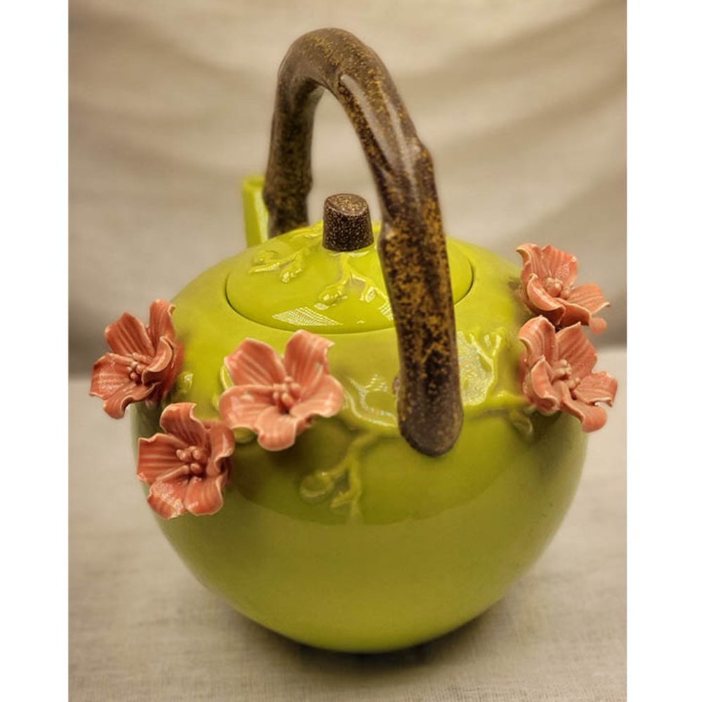 Pier 1 Hand Painted Stoneware Teapot Apple Green - 3D Pink Flowers